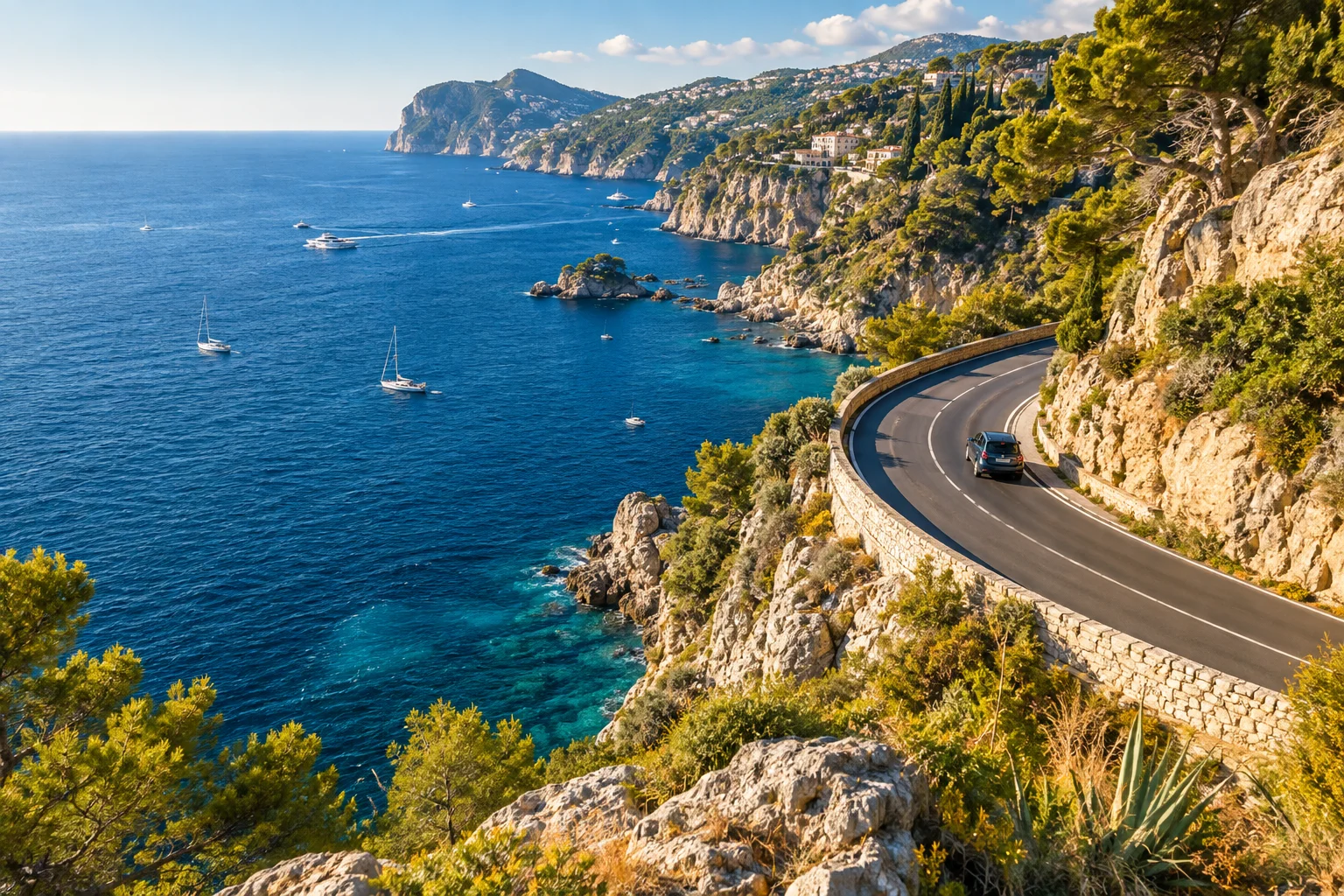 Sunlit Mediterranean-style coastline, an illustrative travel scene